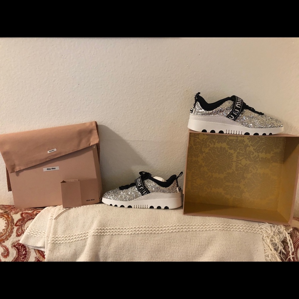 Miu Miu Logo Strap Platform Sneaker (Silver)